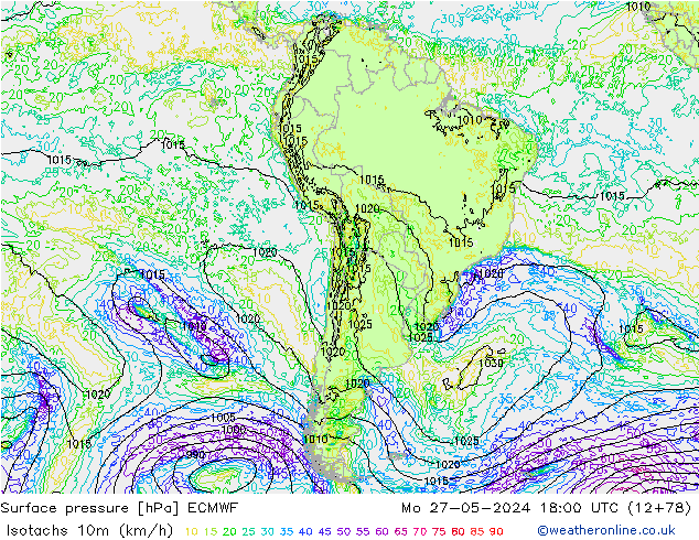 Isotachs (kph) ECMWF lun 27.05.2024 18 UTC