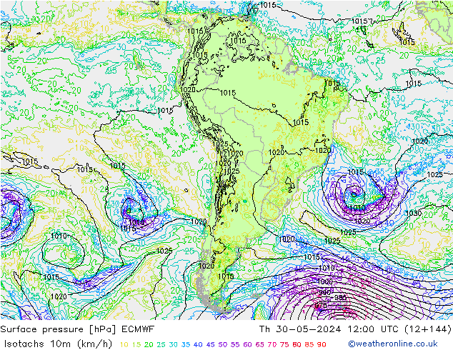 Isotachs (kph) ECMWF Th 30.05.2024 12 UTC