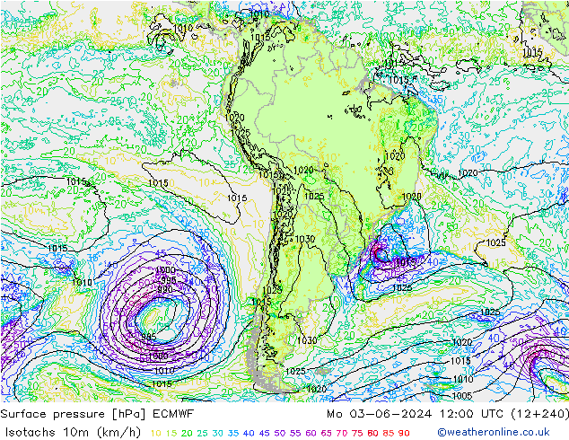 Isotachs (kph) ECMWF  03.06.2024 12 UTC