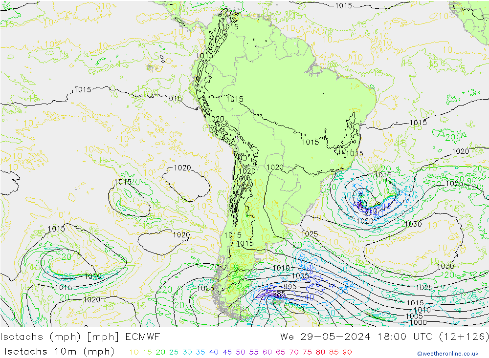 Isotachen (mph) ECMWF wo 29.05.2024 18 UTC