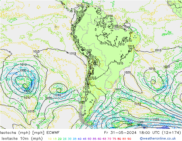 Eşrüzgar Hızları mph ECMWF Cu 31.05.2024 18 UTC