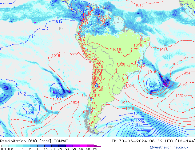 Z500/Rain (+SLP)/Z850 ECMWF Čt 30.05.2024 12 UTC