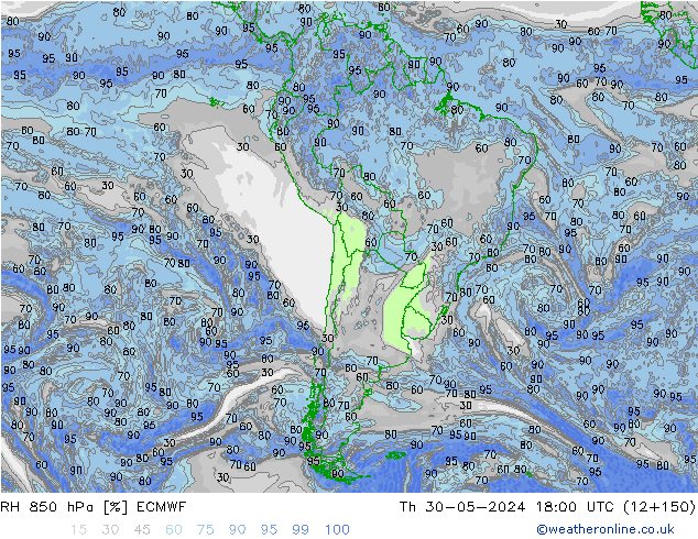 RH 850 hPa ECMWF Th 30.05.2024 18 UTC