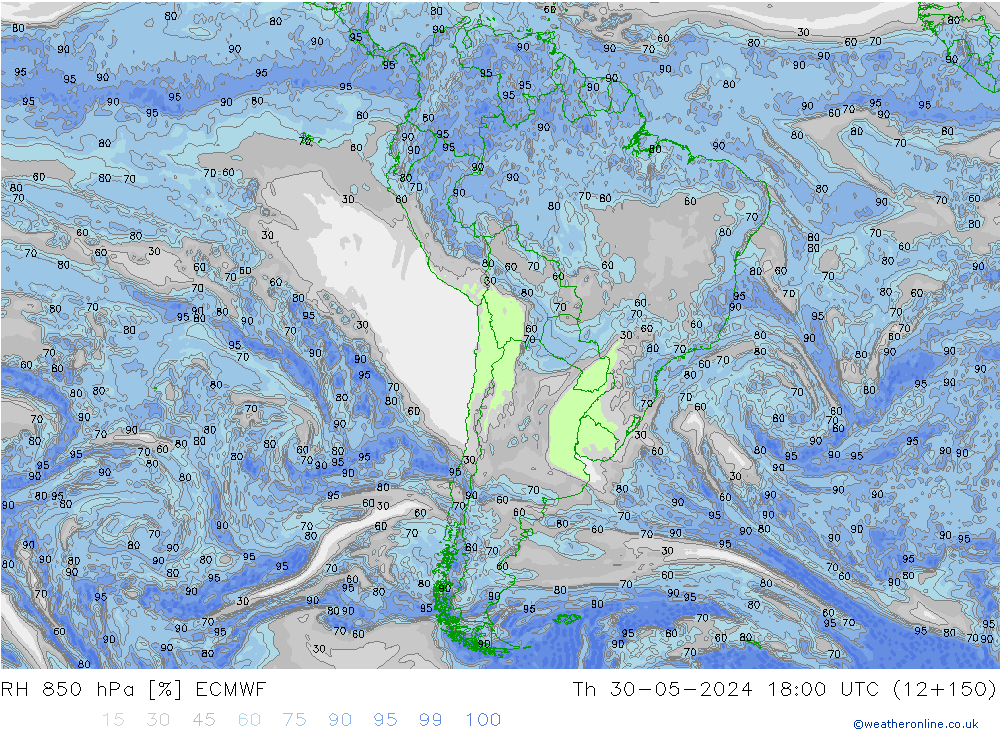 RH 850 hPa ECMWF Čt 30.05.2024 18 UTC