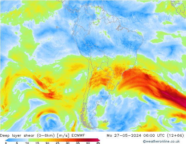 Deep layer shear (0-6km) ECMWF ma 27.05.2024 06 UTC