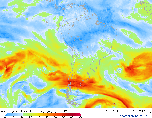 Deep layer shear (0-6km) ECMWF Do 30.05.2024 12 UTC