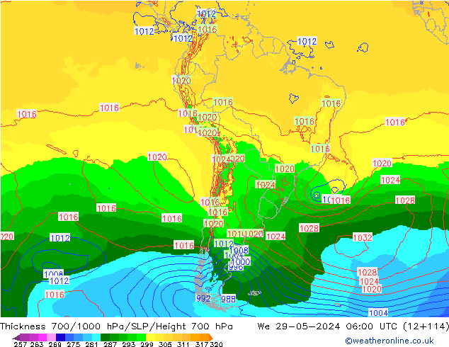 Schichtdicke 700-1000 hPa ECMWF Mi 29.05.2024 06 UTC