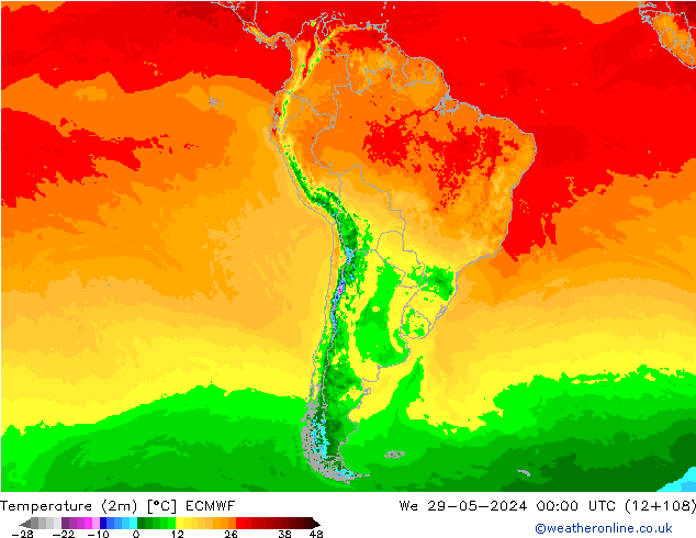 Temperatura (2m) ECMWF mer 29.05.2024 00 UTC