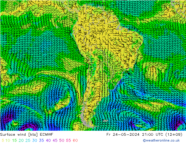 Vento 10 m ECMWF ven 24.05.2024 21 UTC