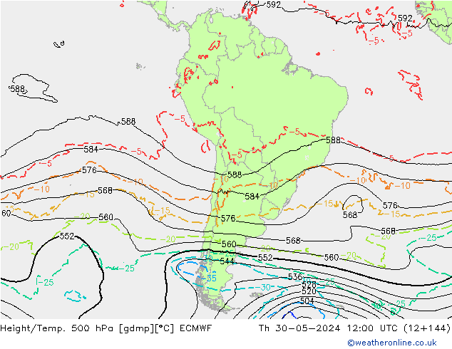 Z500/Rain (+SLP)/Z850 ECMWF Čt 30.05.2024 12 UTC