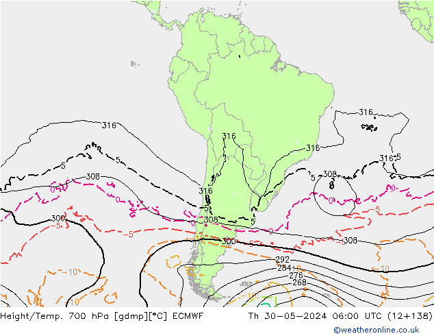 Hoogte/Temp. 700 hPa ECMWF do 30.05.2024 06 UTC