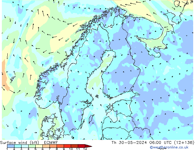 Vento 10 m (bft) ECMWF Qui 30.05.2024 06 UTC