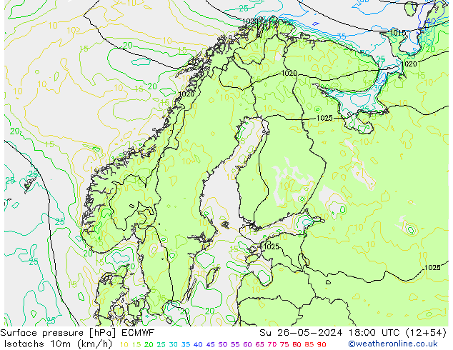 Isotaca (kph) ECMWF dom 26.05.2024 18 UTC