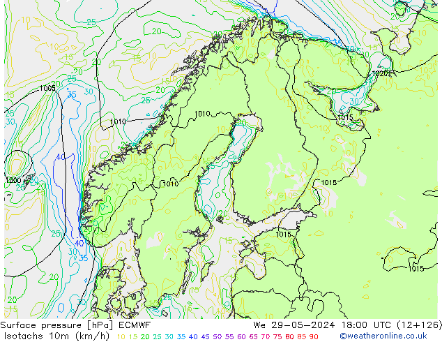 Isotachen (km/h) ECMWF Mi 29.05.2024 18 UTC