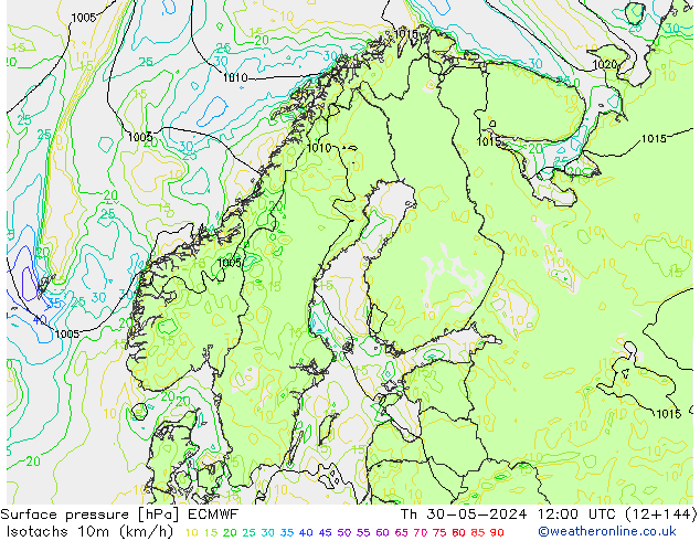 Isotachs (kph) ECMWF Čt 30.05.2024 12 UTC