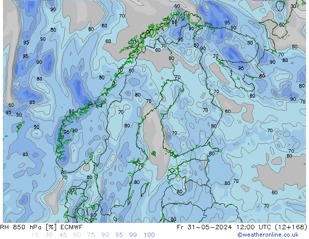 RH 850 hPa ECMWF Pá 31.05.2024 12 UTC