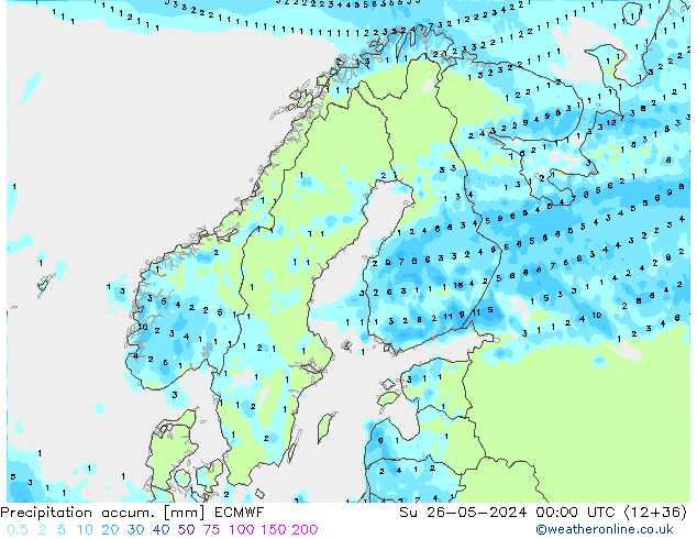 Precipitation accum. ECMWF Вс 26.05.2024 00 UTC