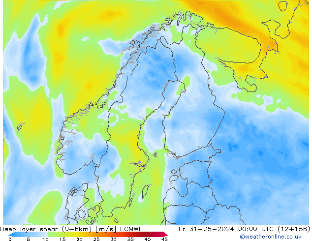 Deep layer shear (0-6km) ECMWF  31.05.2024 00 UTC