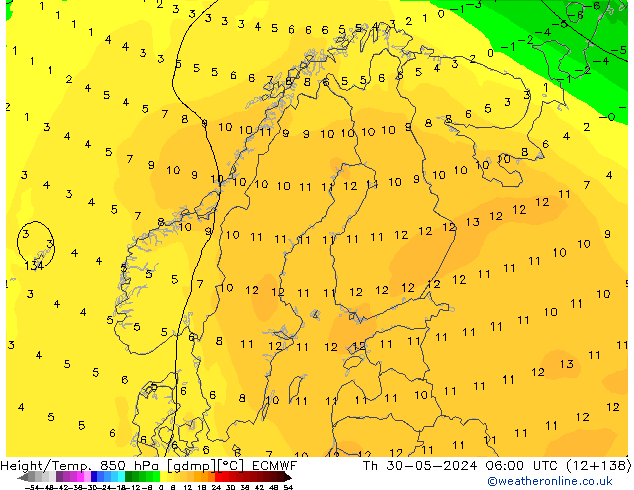 Geop./Temp. 850 hPa ECMWF jue 30.05.2024 06 UTC