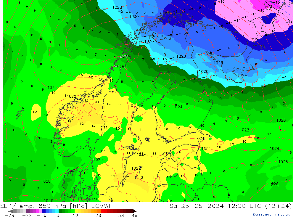 SLP/Temp. 850 hPa ECMWF So 25.05.2024 12 UTC