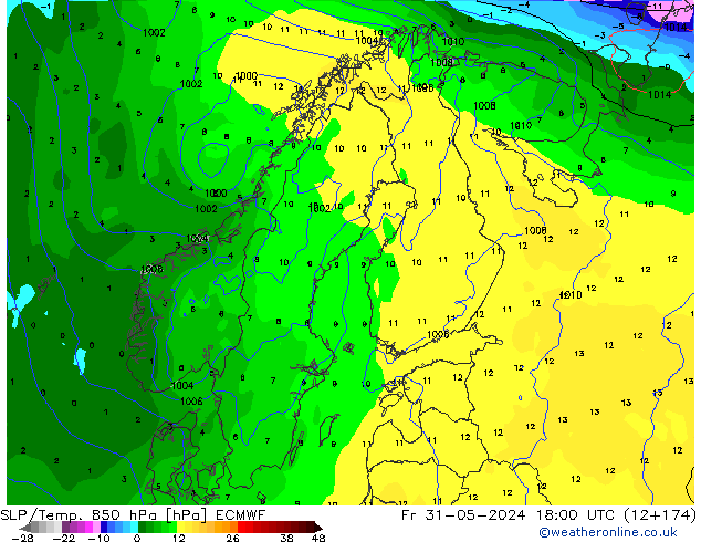 SLP/Temp. 850 hPa ECMWF Pá 31.05.2024 18 UTC