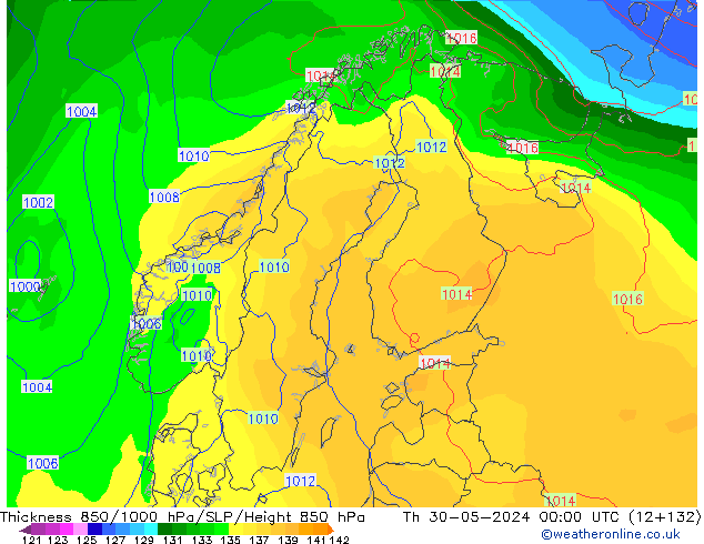 Espesor 850-1000 hPa ECMWF jue 30.05.2024 00 UTC