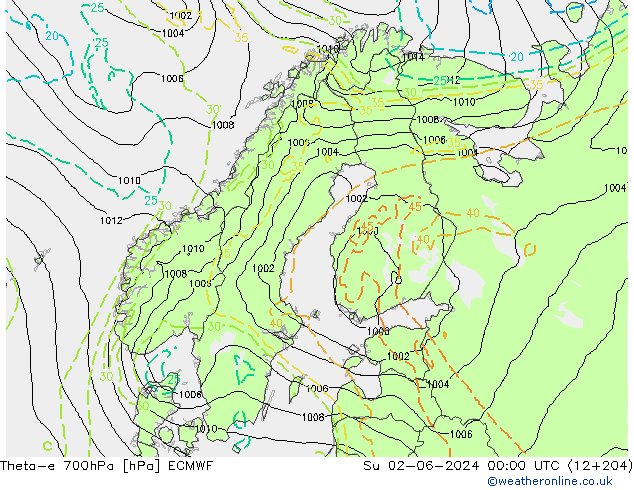 Theta-e 700hPa ECMWF Dom 02.06.2024 00 UTC