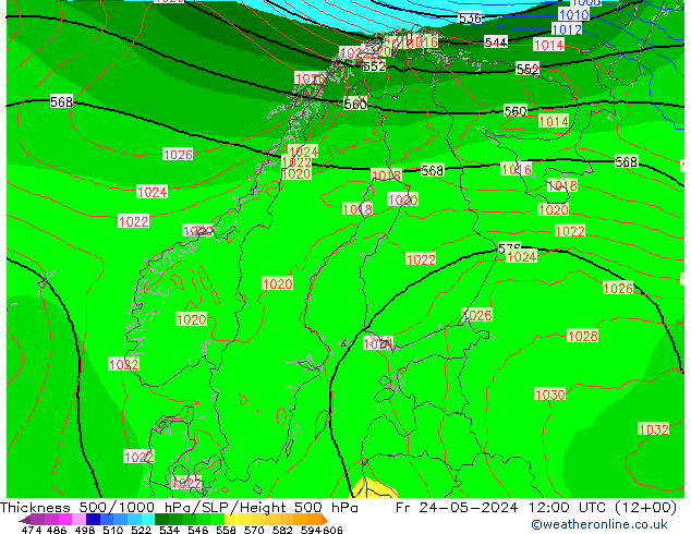 Espesor 500-1000 hPa ECMWF vie 24.05.2024 12 UTC