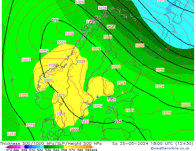 Espesor 500-1000 hPa ECMWF sáb 25.05.2024 18 UTC