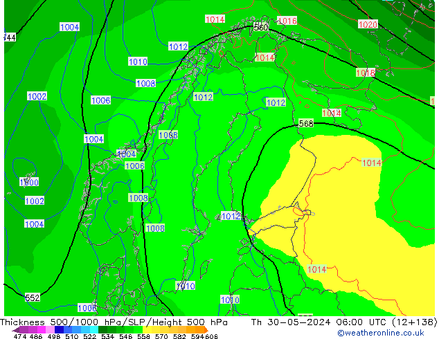 Thck 500-1000hPa ECMWF Qui 30.05.2024 06 UTC