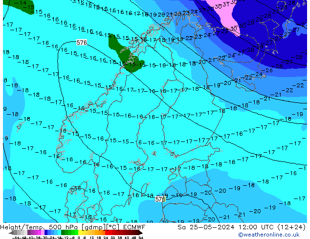 Z500/Rain (+SLP)/Z850 ECMWF Sa 25.05.2024 12 UTC