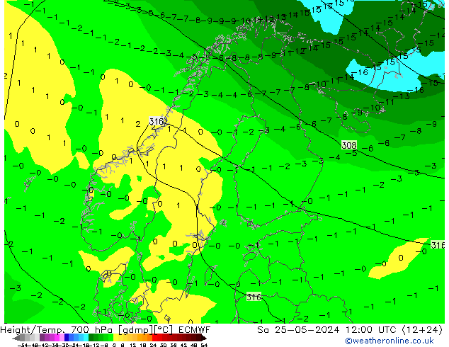 Height/Temp. 700 hPa ECMWF Sa 25.05.2024 12 UTC