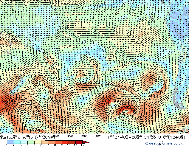 Rüzgar 10 m (bft) ECMWF Cu 24.05.2024 21 UTC