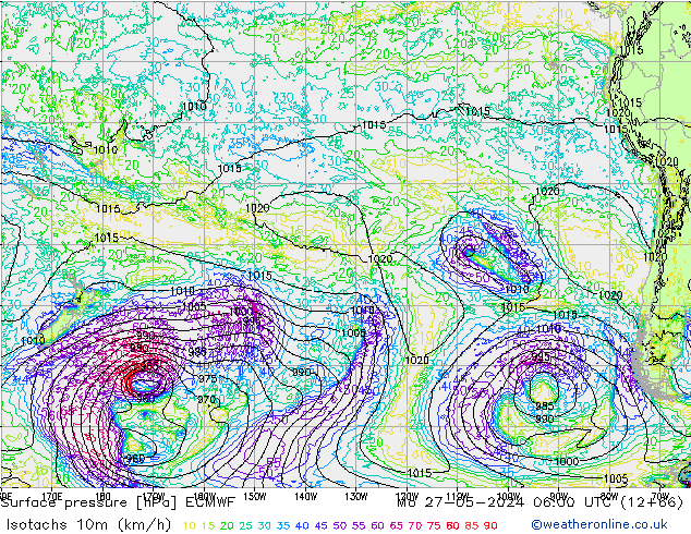 Izotacha (km/godz) ECMWF pon. 27.05.2024 06 UTC