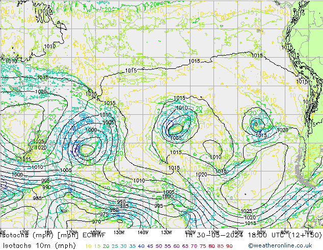 Isotachs (mph) ECMWF чт 30.05.2024 18 UTC