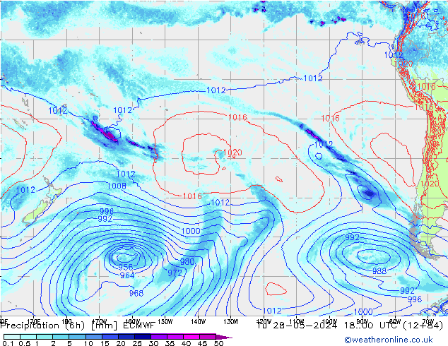 Totale neerslag (6h) ECMWF di 28.05.2024 00 UTC