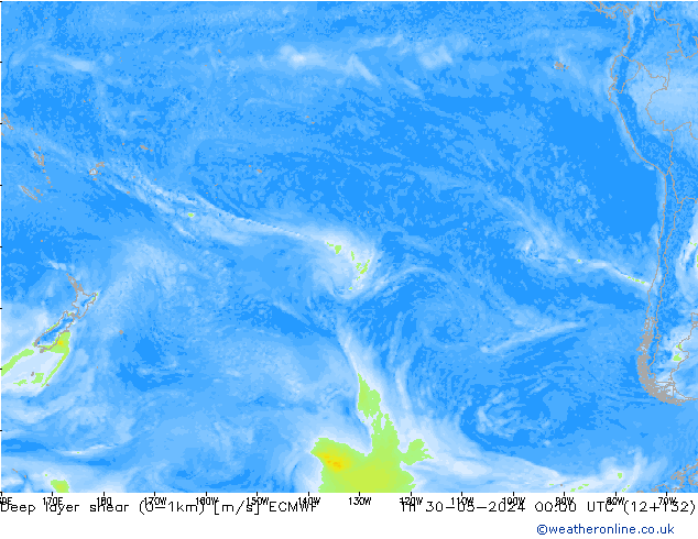 Deep layer shear (0-1km) ECMWF jue 30.05.2024 00 UTC