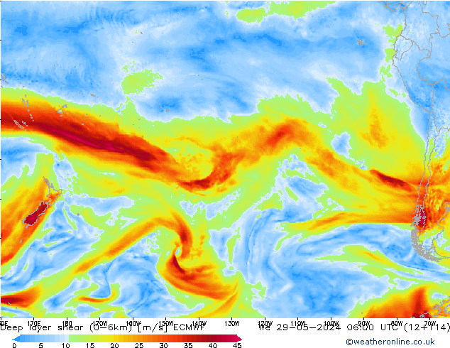 Deep layer shear (0-6km) ECMWF mer 29.05.2024 06 UTC