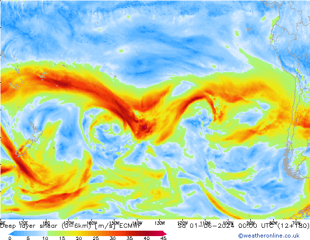 Deep layer shear (0-6km) ECMWF sab 01.06.2024 00 UTC