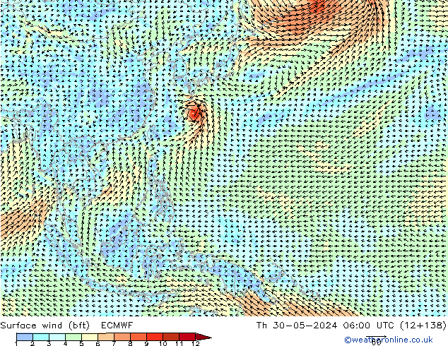 Surface wind (bft) ECMWF Čt 30.05.2024 06 UTC