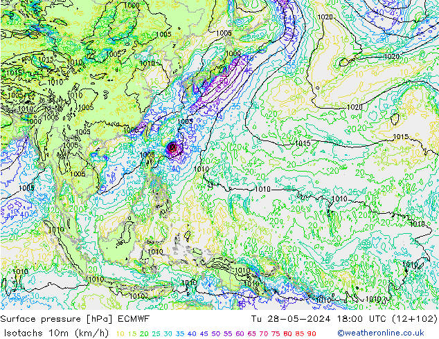 Isotachs (kph) ECMWF Tu 28.05.2024 18 UTC