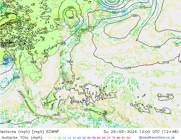 Isotachs (mph) ECMWF Ne 26.05.2024 12 UTC