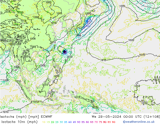 Izotacha (mph) ECMWF śro. 29.05.2024 00 UTC