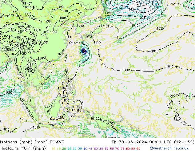 Isotachs (mph) ECMWF Čt 30.05.2024 00 UTC