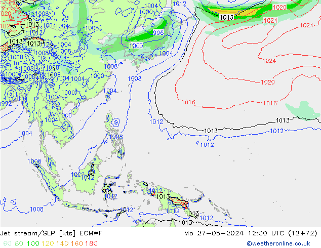 Jet stream/SLP ECMWF Mo 27.05.2024 12 UTC