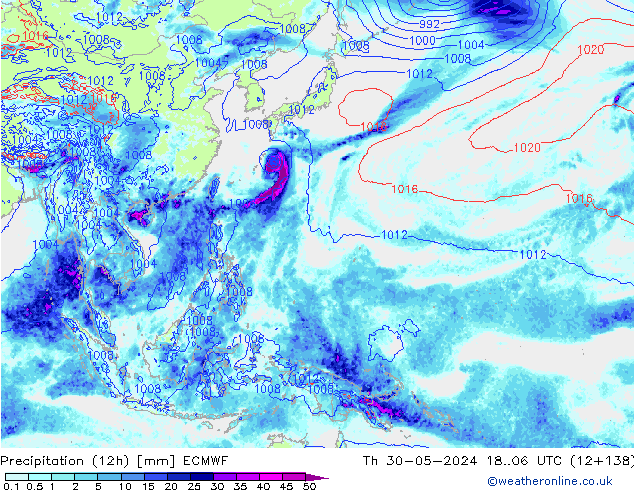Precipitation (12h) ECMWF Čt 30.05.2024 06 UTC