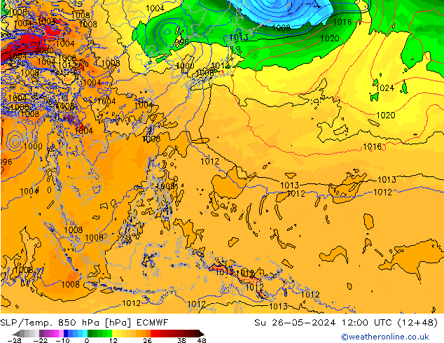 SLP/Temp. 850 hPa ECMWF nie. 26.05.2024 12 UTC