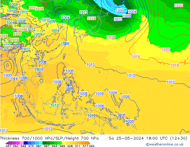 Schichtdicke 700-1000 hPa ECMWF Sa 25.05.2024 18 UTC