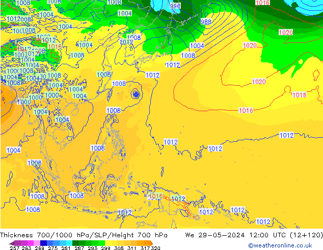 Thck 700-1000 hPa ECMWF śro. 29.05.2024 12 UTC