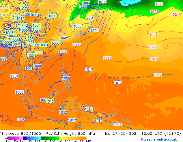 Thck 850-1000 hPa ECMWF Mo 27.05.2024 12 UTC